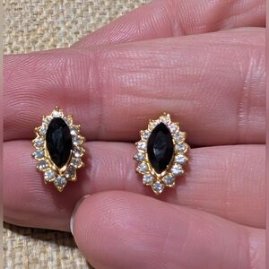 Vintage Estate Black And Goldtoned Rhinestone Stud Pierced Earrings